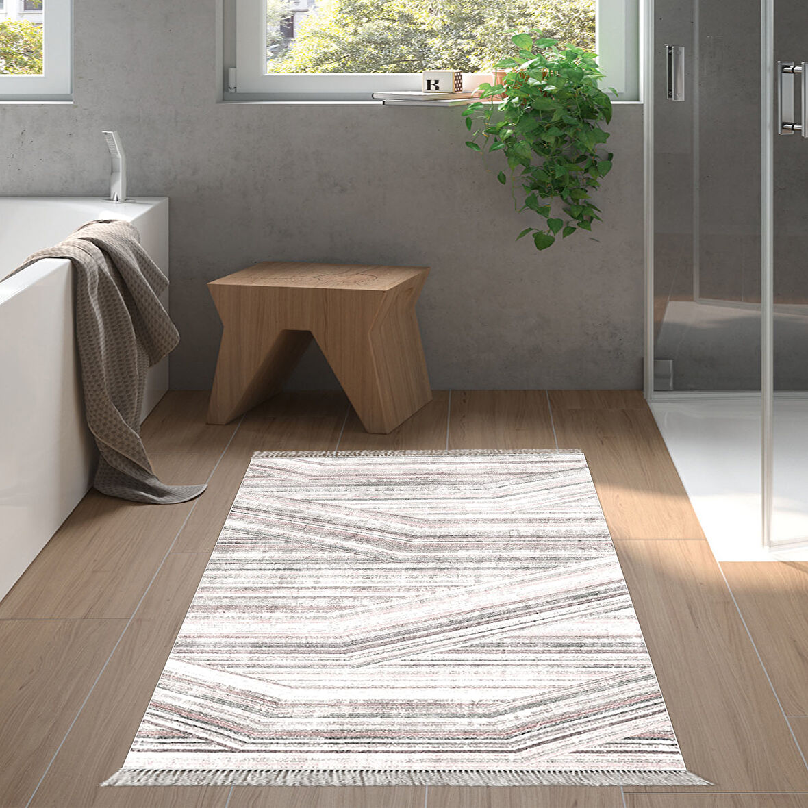 Dekoreko Kaymaz Taban Djt Banyo Halısı Yıldız Deri Saçaklı Modern 1252