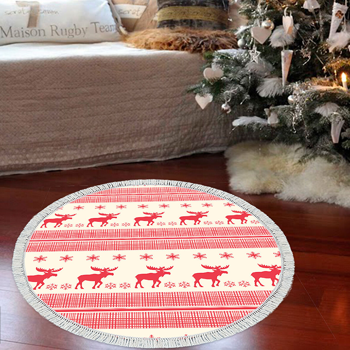 Alanur Home Yılbaşına Özel Pamuk Dijital Yıkanabilir Yuvarlak Halı Chr6M