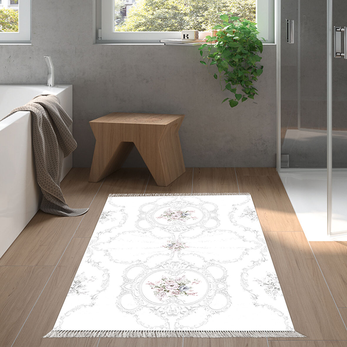 Dekoreko Kaymaz Taban Djt Banyo Halısı Yıldız Deri Saçaklı Modern 1494