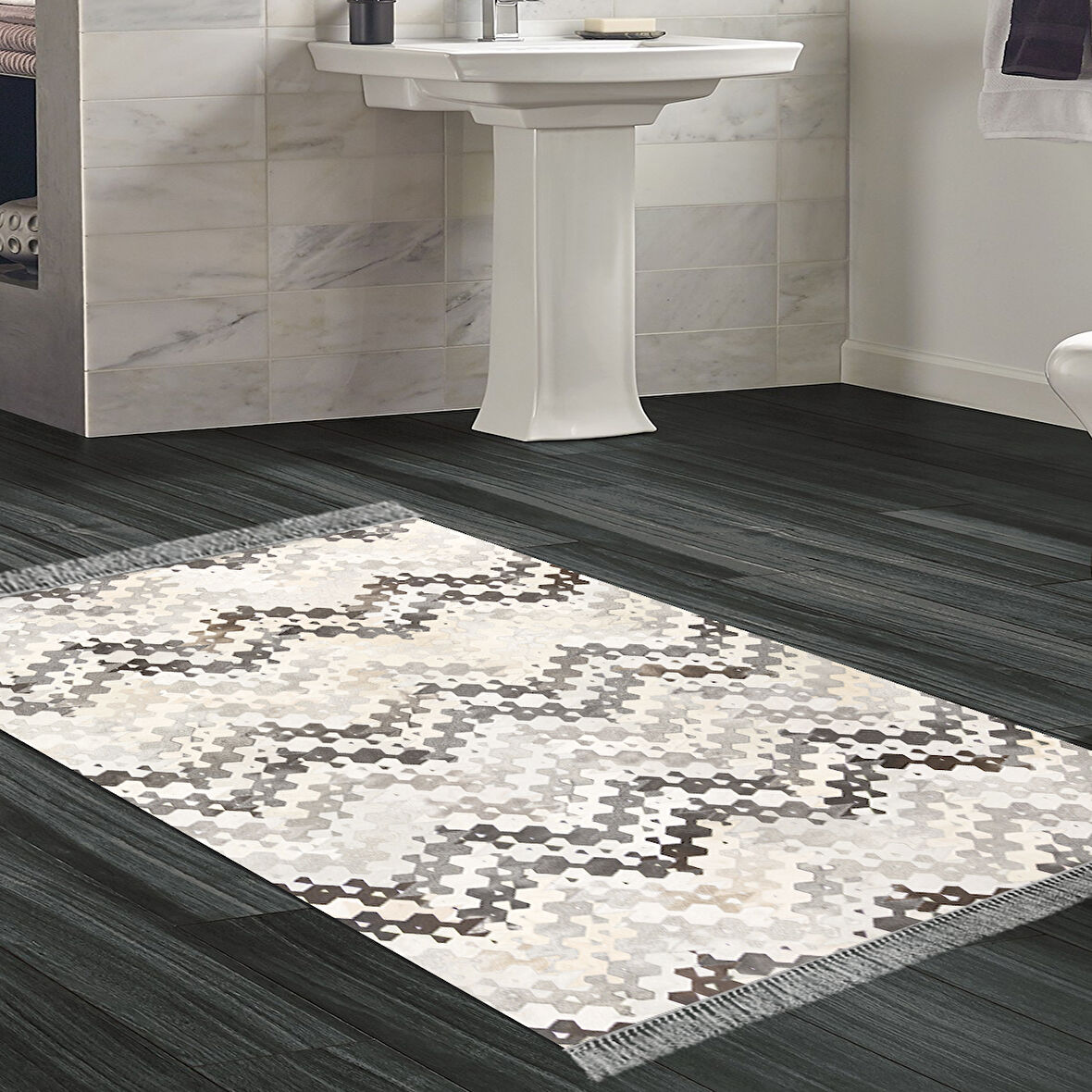 Dekoreko Kaymaz Taban Djt Banyo Halısı Yıldız Deri Saçaklı Modern 1675