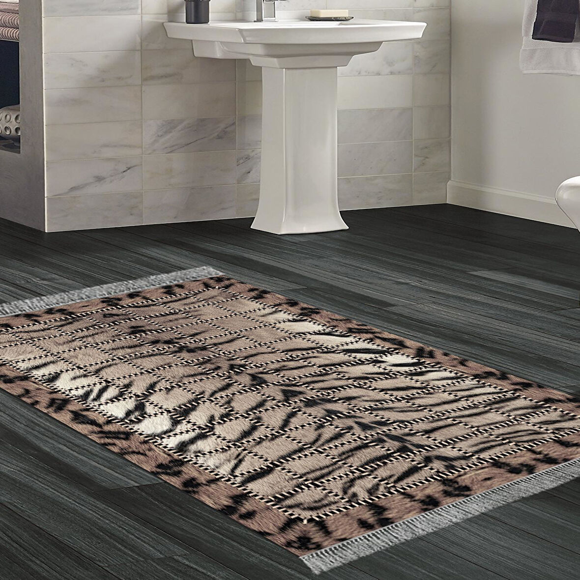 Dekoreko Kaymaz Taban Djt Banyo Halısı Yıldız Deri Saçaklı Modern 1906