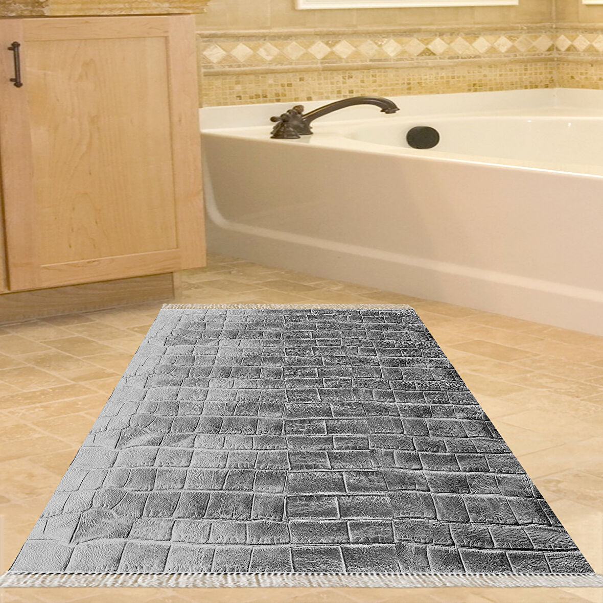 Dekoreko Kaymaz Taban Djt Banyo Halısı Yıldız Deri Saçaklı Modern 1911