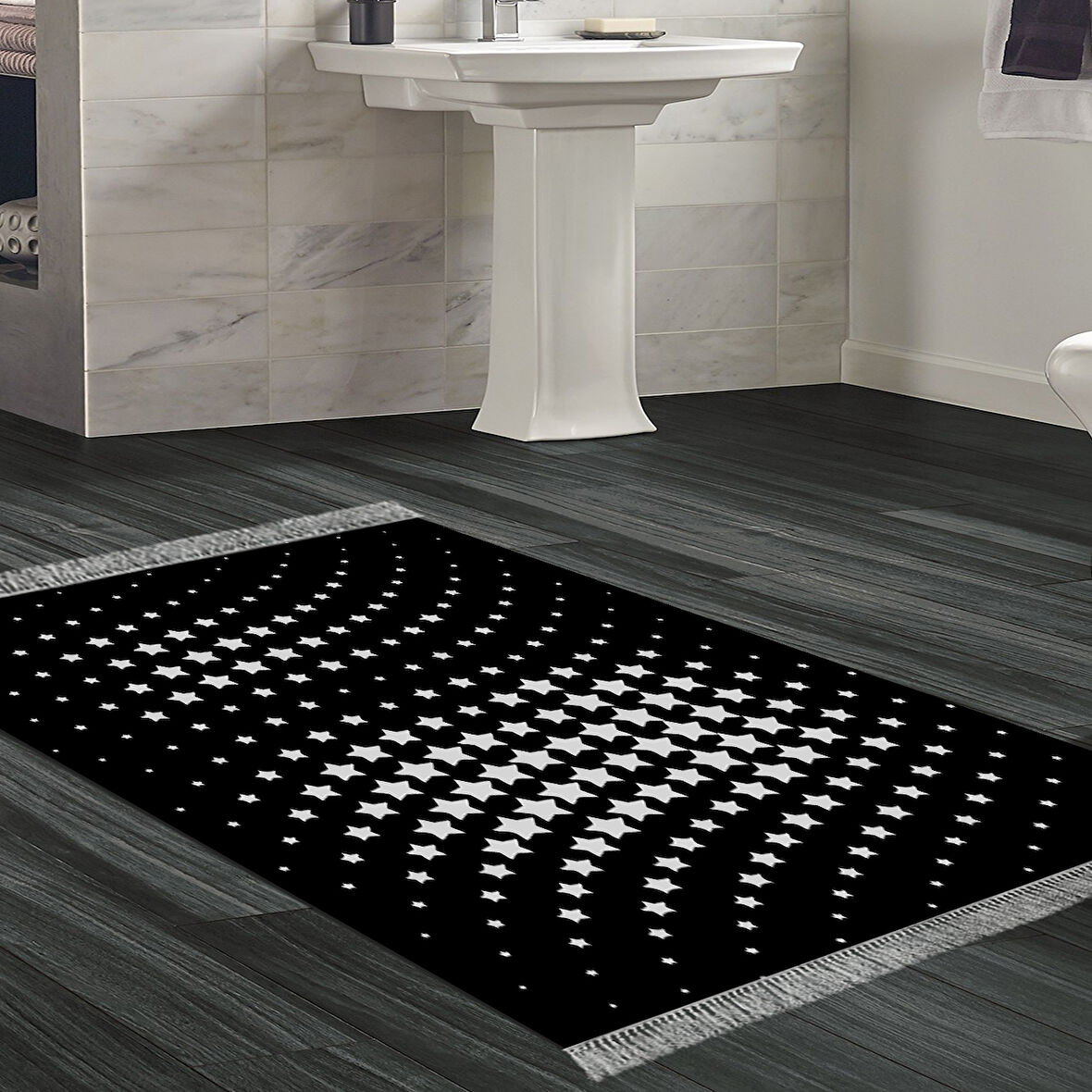 Dekoreko Kaymaz Taban Djt Banyo Halısı Yıldız Deri Saçaklı Modern 723