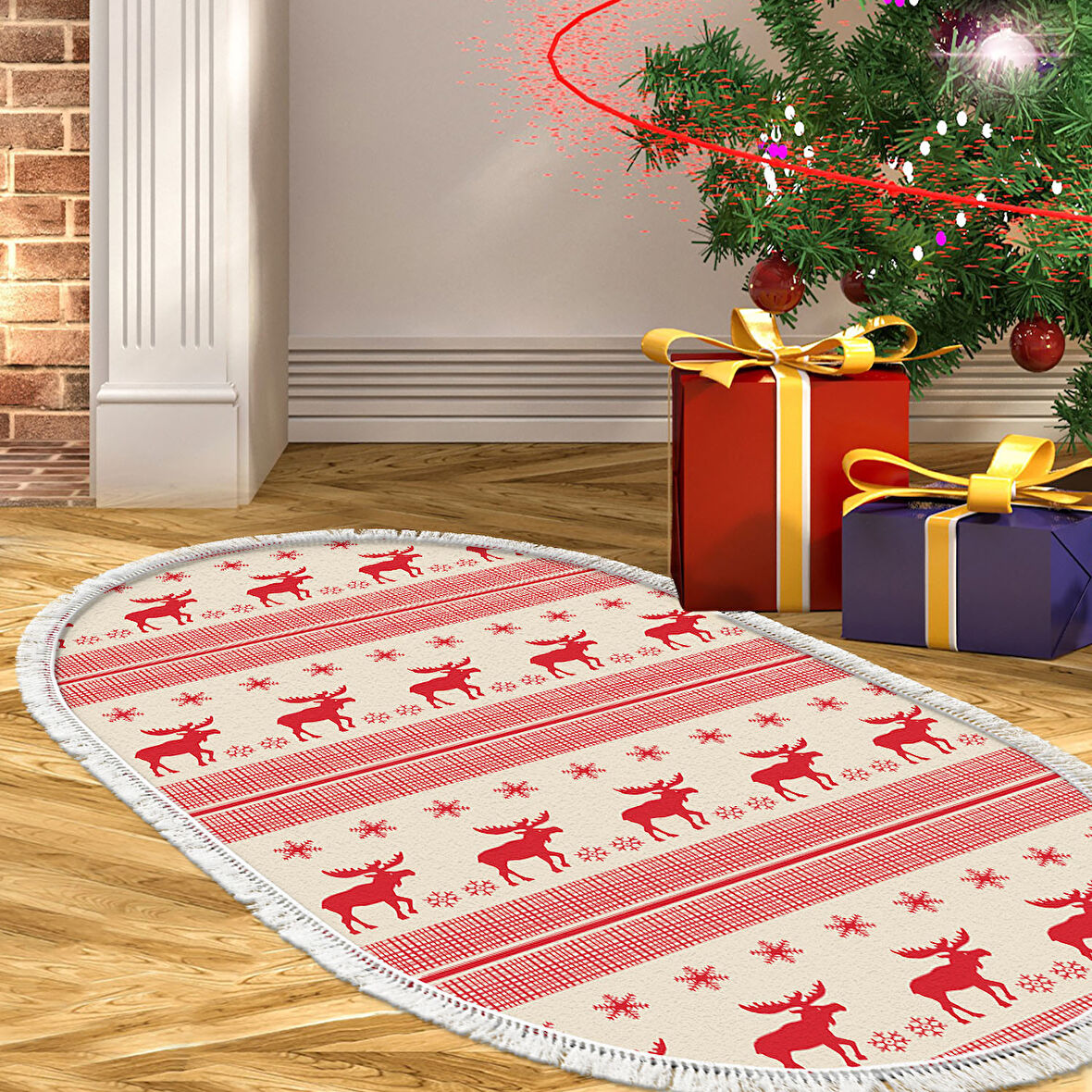 Alanur Home Yılbaşına Özel Pamuk Dijital Yıkanabilir Oval Halı Chr6M