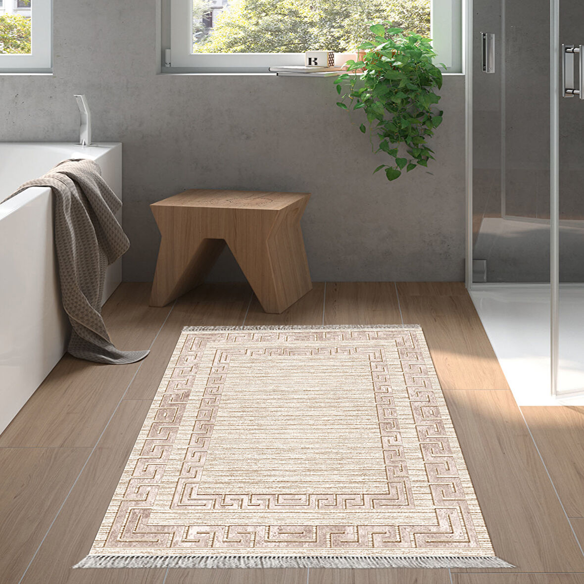 Dekoreko Kaymaz Taban Djt Banyo Halısı Yıldız Deri Saçaklı Modern F5036