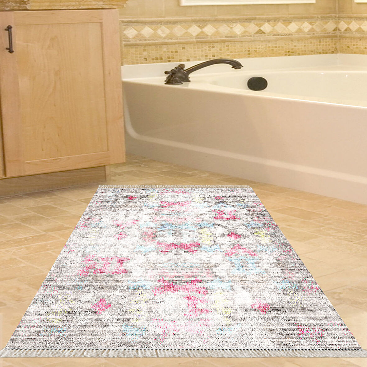 Dekoreko Kaymaz Taban Djt Banyo Halısı Yıldız Deri Saçaklı Modern F5138