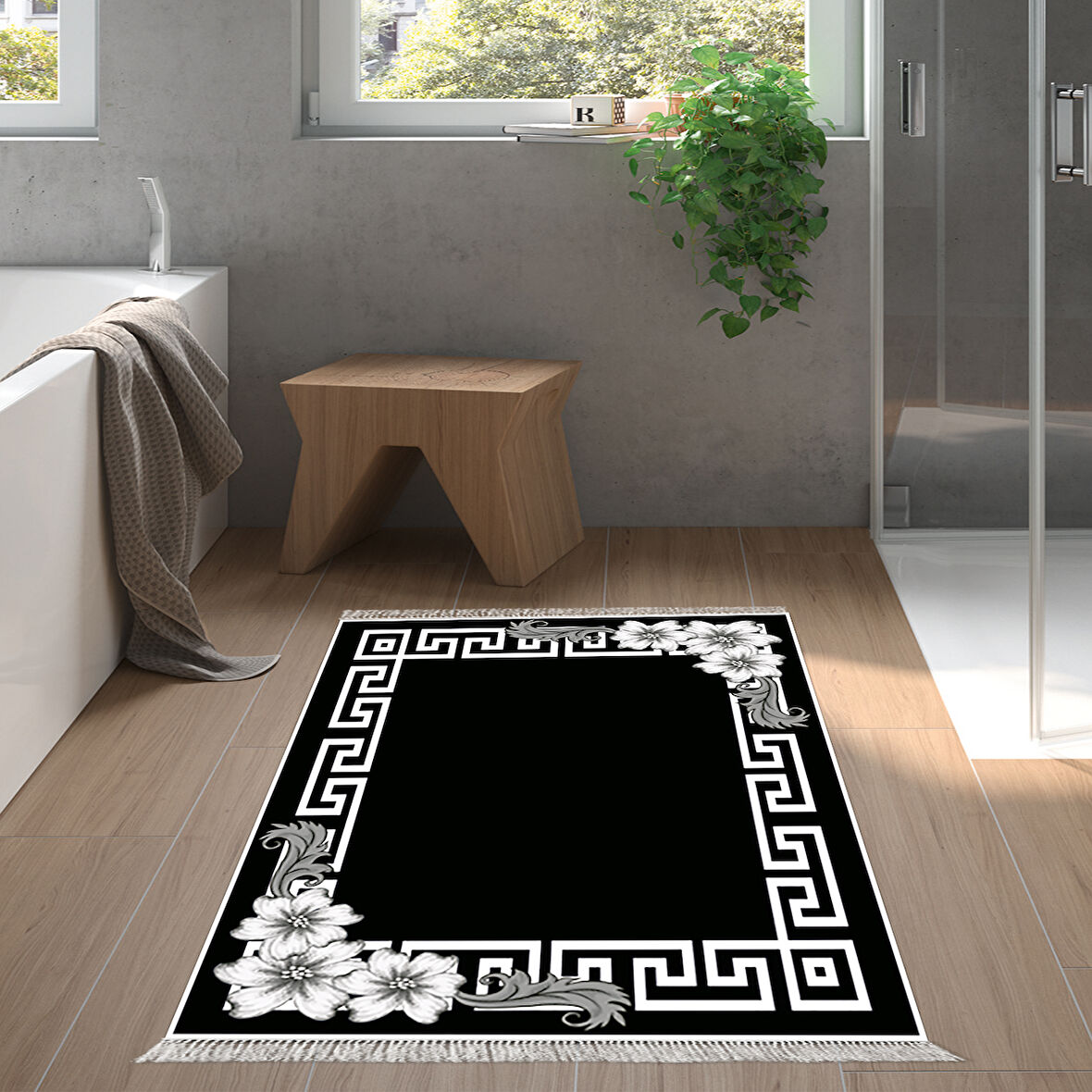 Dekoreko Kaymaz Taban Djt Banyo Halısı Yıldız Deri Saçaklı Modern Kt494