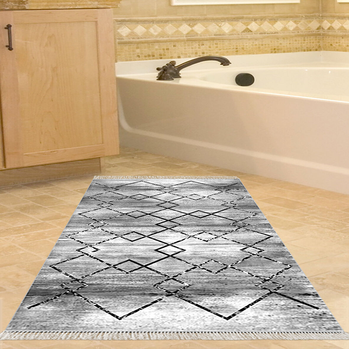 Dekoreko Kaymaz Taban Djt Banyo Halısı Yıldız Deri Saçaklı Modern M5006