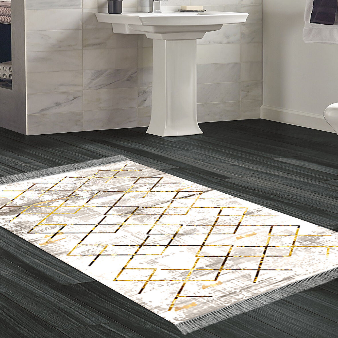 Dekoreko Kaymaz Taban Djt Banyo Halısı Yıldız Deri Saçaklı Modern M5026