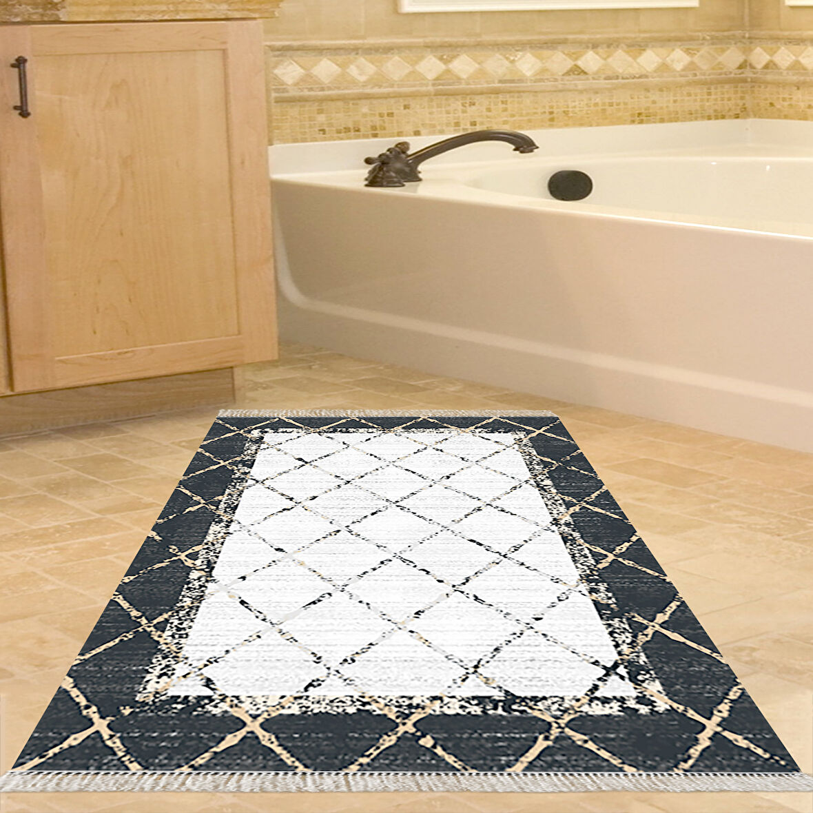 Dekoreko Kaymaz Taban Djt Banyo Halısı Yıldız Deri Saçaklı Modern M5129