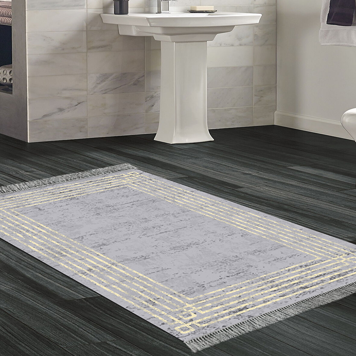 Dekoreko Kaymaz Taban Djt Banyo Halısı Yıldız Deri Saçaklı Modern M5142