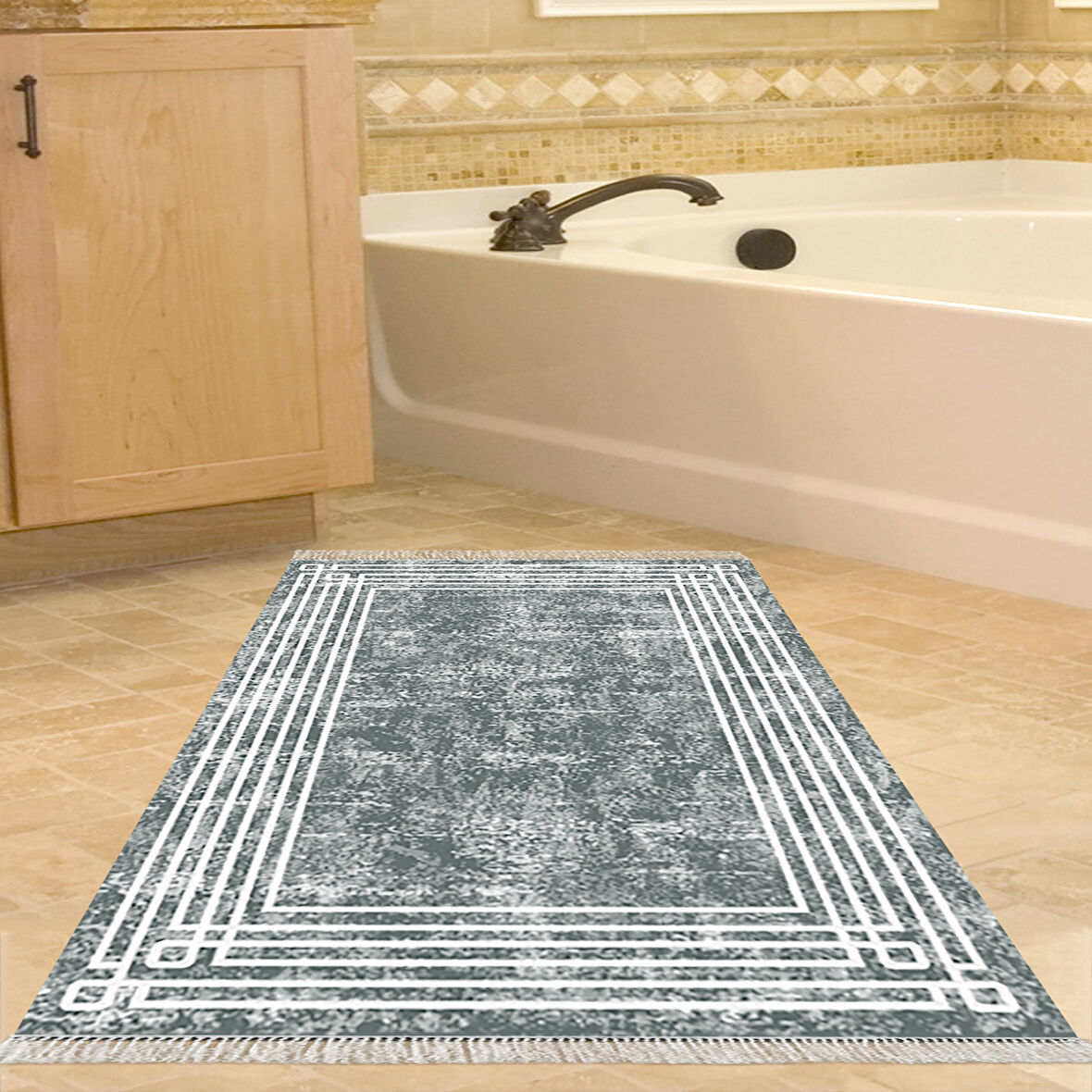 Dekoreko Kaymaz Taban Djt Banyo Halısı Yıldız Deri Saçaklı Modern M5142