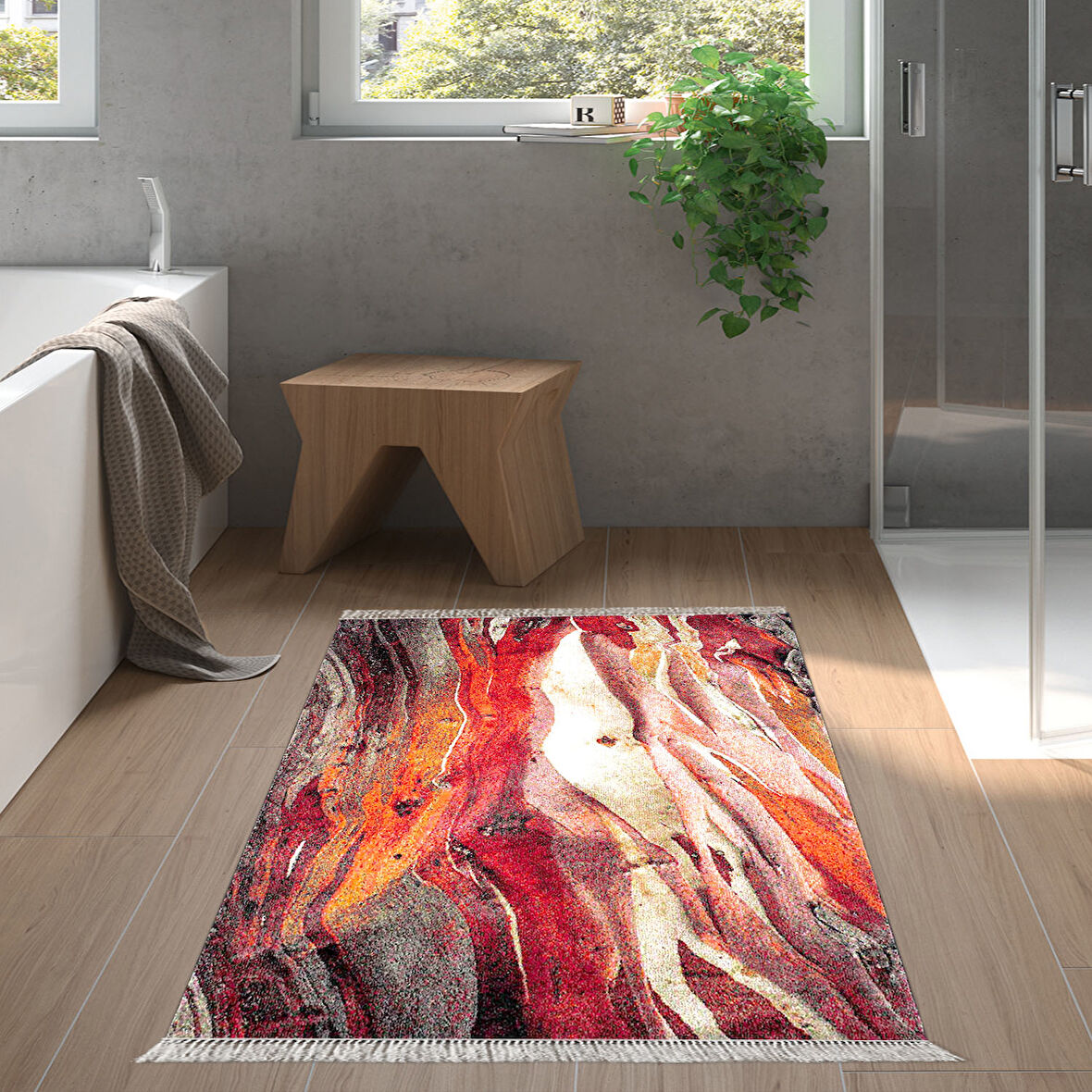 Dekoreko Kaymaz Taban Djt Banyo Halısı Yıldız Deri Saçaklı Modern S5050