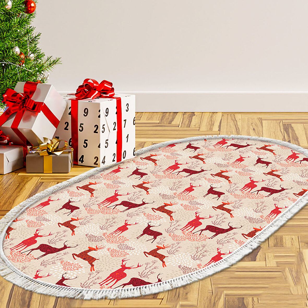 Alanur Home Yılbaşına Özel Keçe Dijital Yıkanabilir Oval Halı Chr4M