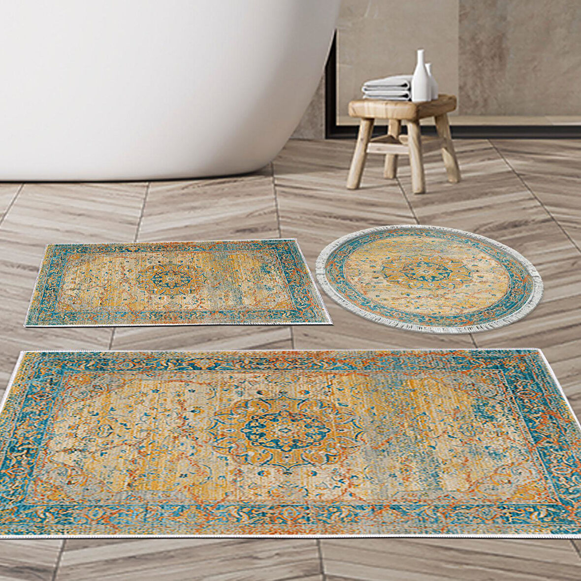 Eko Trend Djt 3 Lü Yıkanabilir Kaymaz Taban Banyo Paspas Seti P1356 Vintage