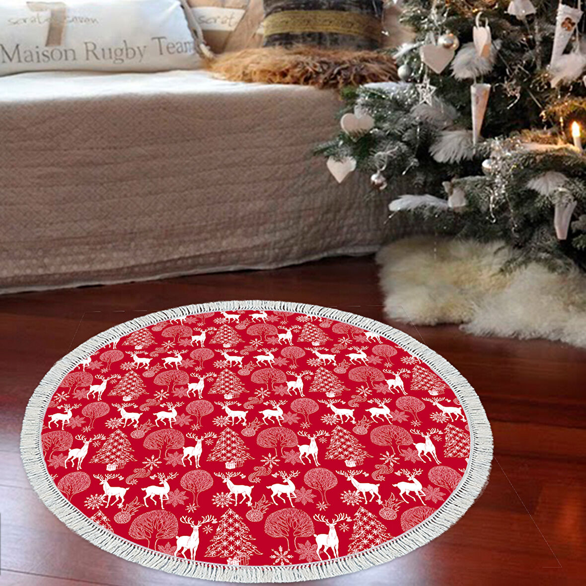 Alanur Home Yılbaşına Özel Pamuk Dijital Yıkanabilir Yuvarlak Halı Chr3M