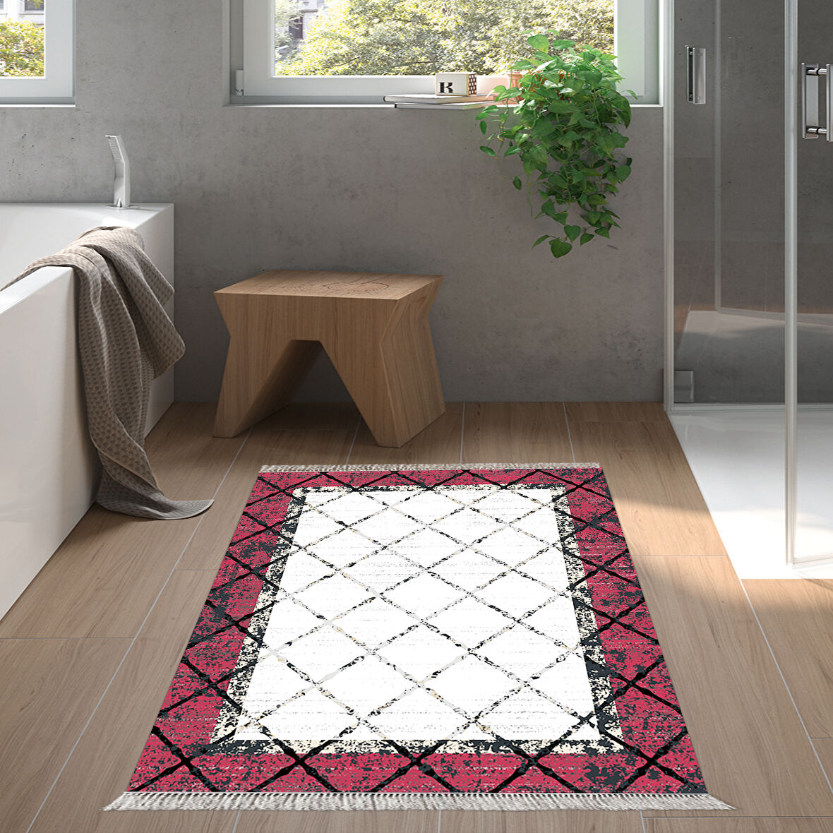Dekoreko Kaymaz Taban Djt Banyo Halısı Star Pamuk Saçaklı Modern M5129