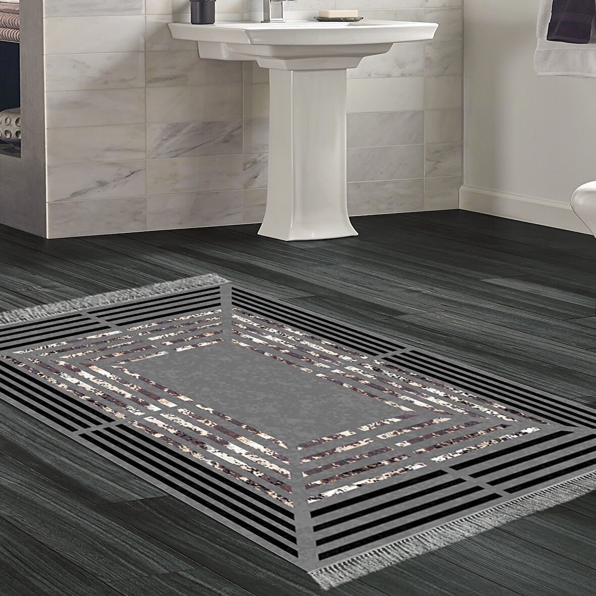 Dekoreko Kaymaz Taban Djt Banyo Halısı Star Pamuk Saçaklı Modern M5132