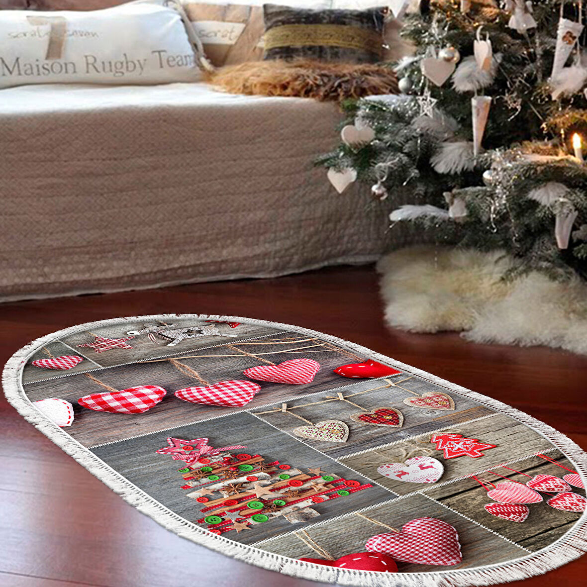 Alanur Home Yılbaşına Özel Pamuk Dijital Yıkanabilir Oval Halı Chr14M