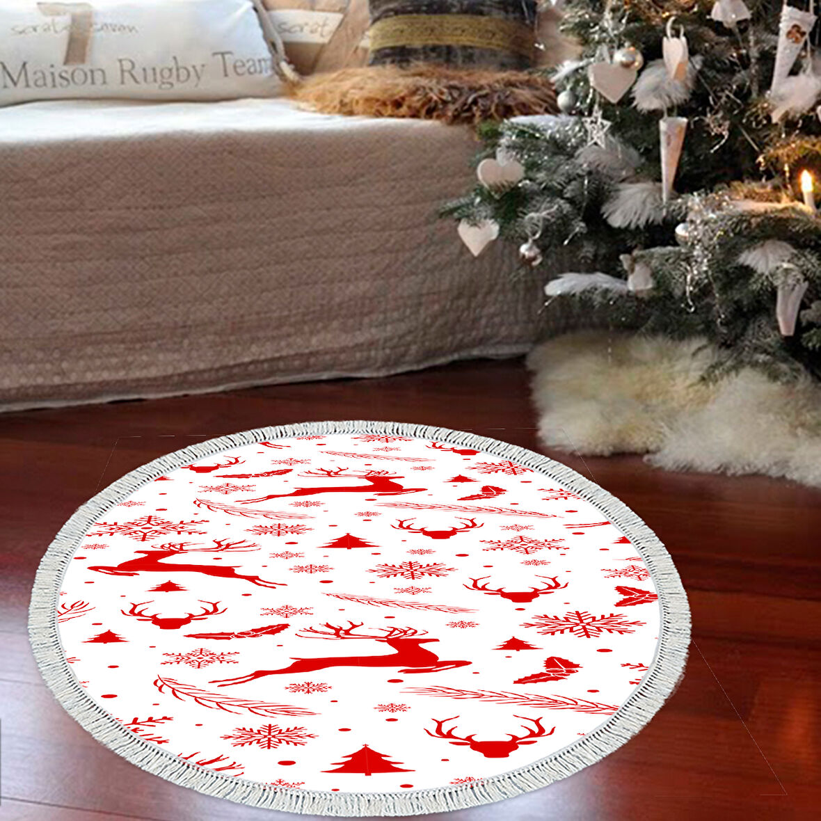 Alanur Home Yılbaşına Özel Pamuk Dijital Yıkanabilir Yuvarlak Halı Chr16M