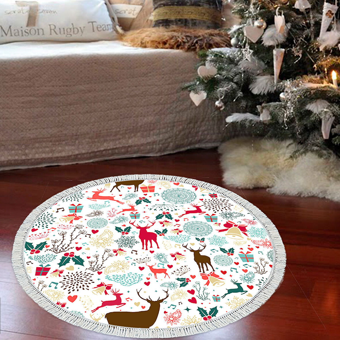 Alanur Home Yılbaşına Özel Keçe Dijital Yıkanabilir Yuvarlak Halı Chr13M