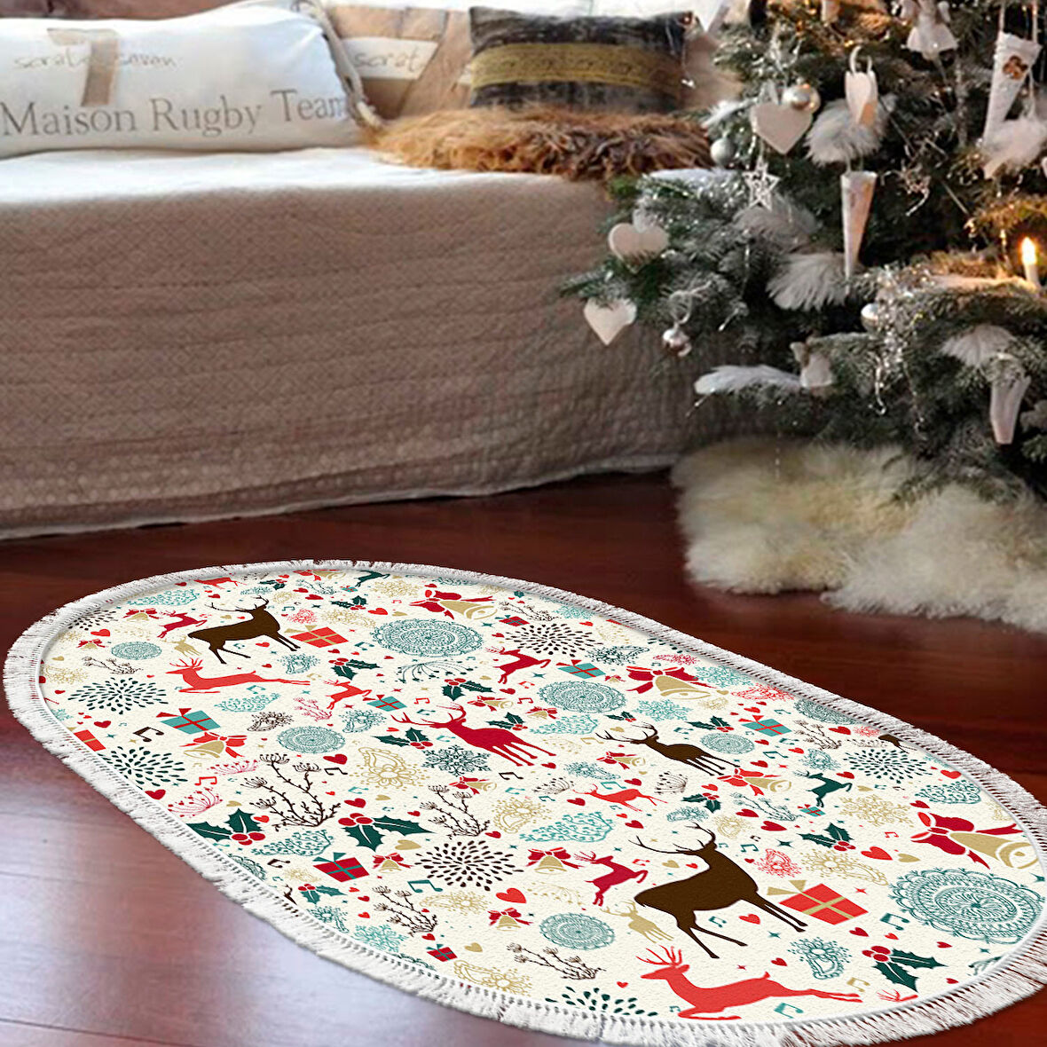 Alanur Home Yılbaşına Özel Keçe Dijital Yıkanabilir Oval Halı Chr13M