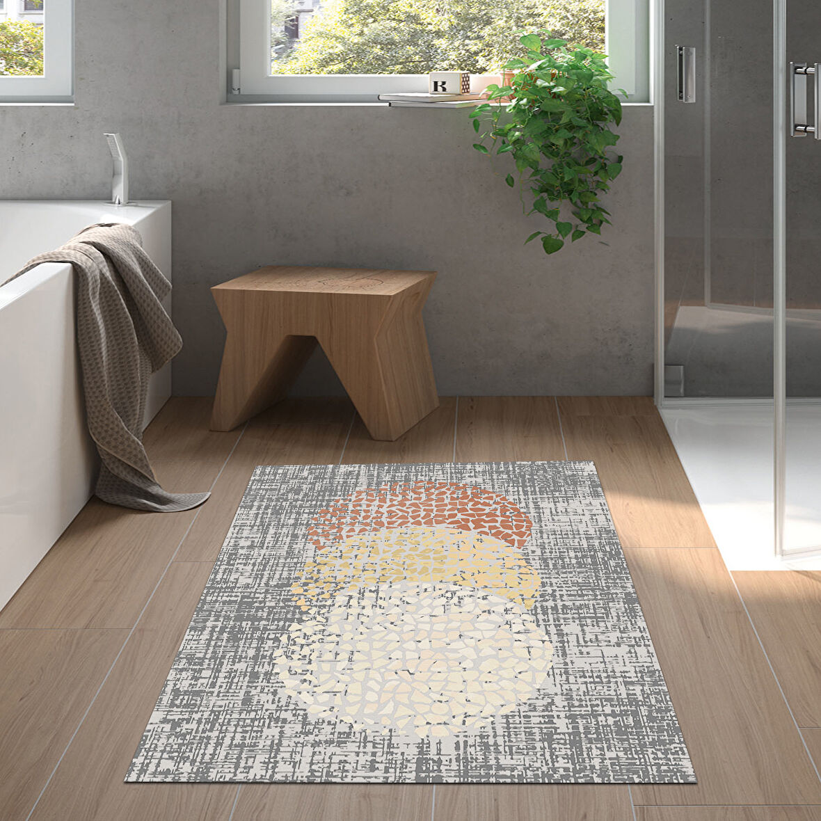 Dekoreko Kaymaz Taban Djt Banyo Halısı Yıldız Deri Modern E4052 Krem Oranj Kırmızı