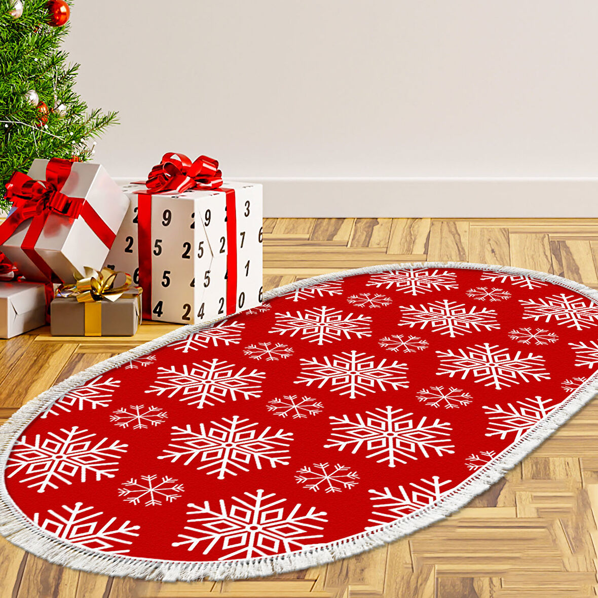 Alanur Home Yılbaşına Özel Pamuk Dijital Yıkanabilir Oval Halı Chr17M