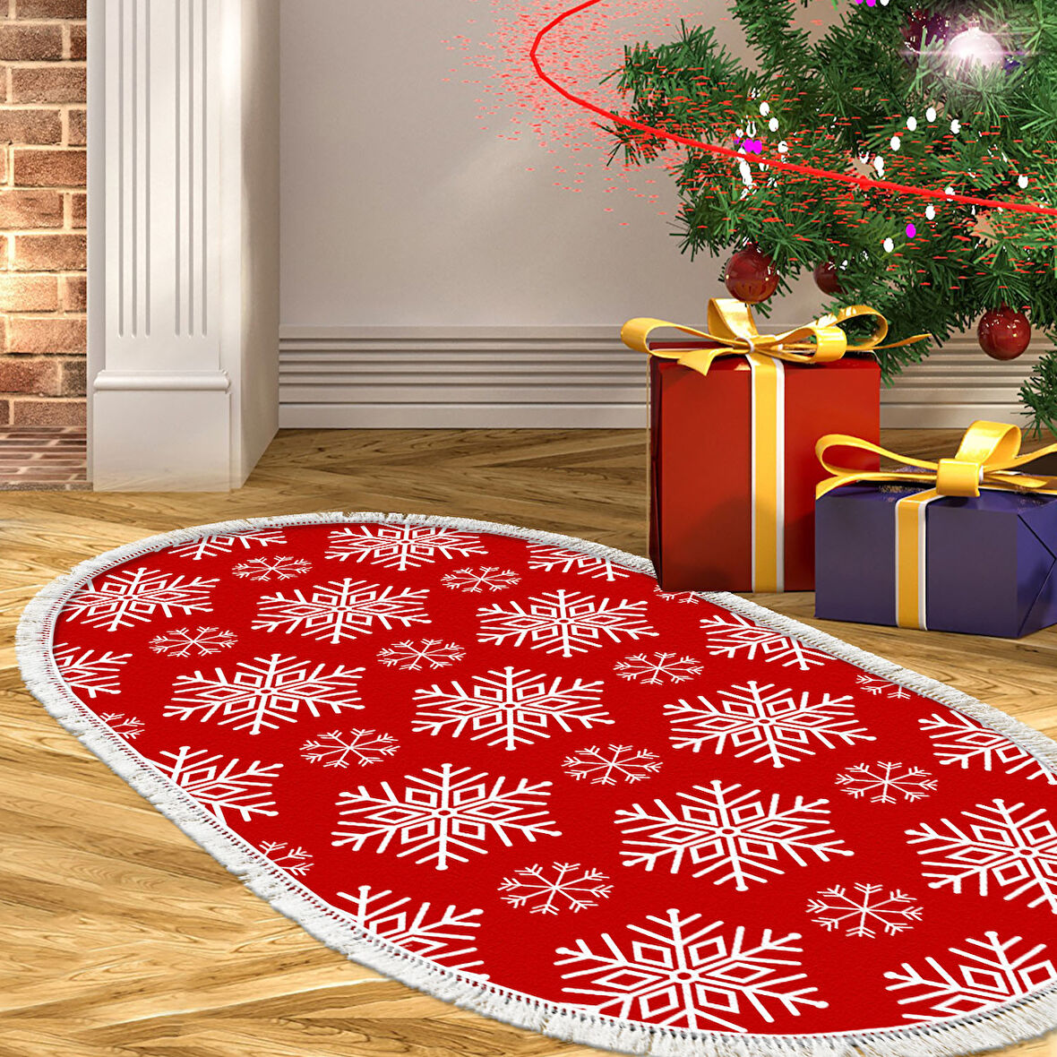 Alanur Home Yılbaşına Özel Keçe Dijital Yıkanabilir Oval Halı Chr17M