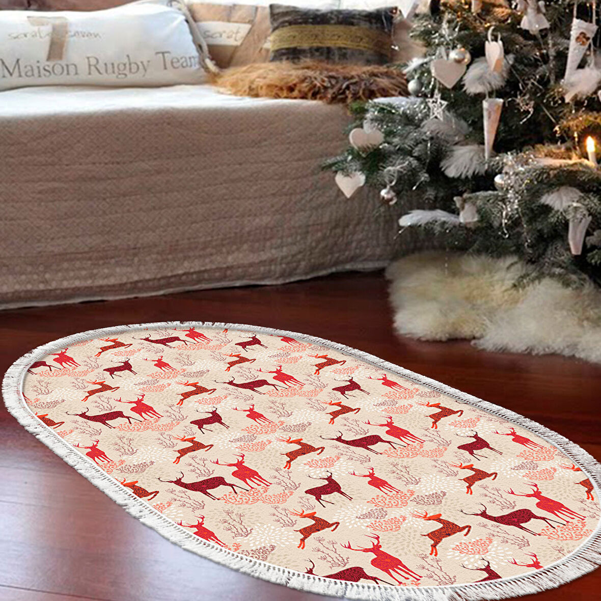 Alanur Home Yılbaşına Özel Pamuk Dijital Yıkanabilir Oval Halı Chr4M