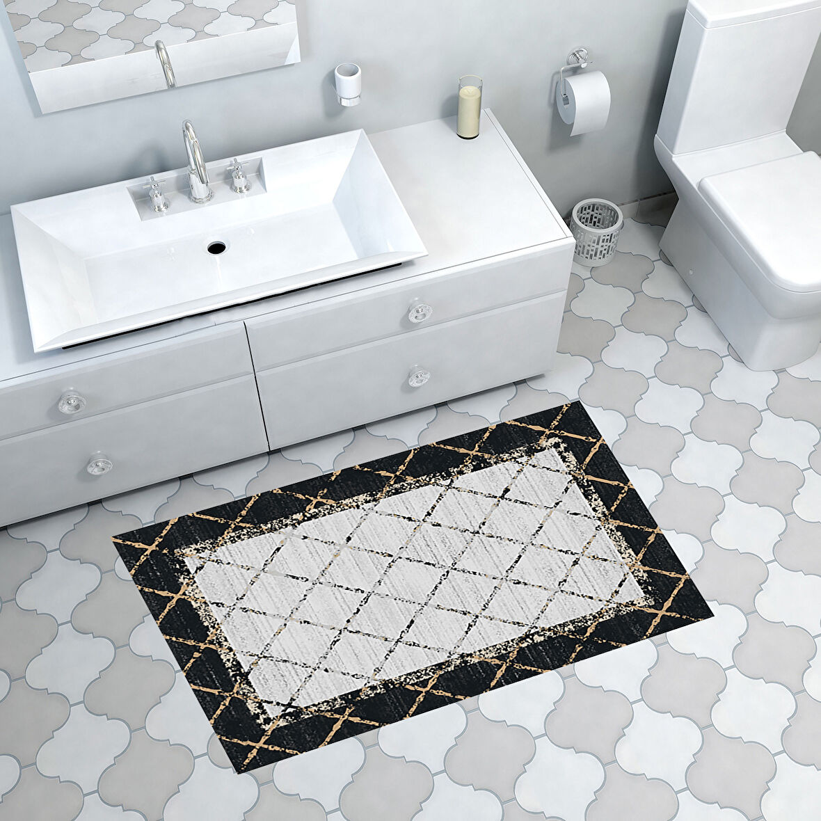 Dekoreko Kaymaz Taban Djt Banyo Halısı Star Pamuk Modern M5129