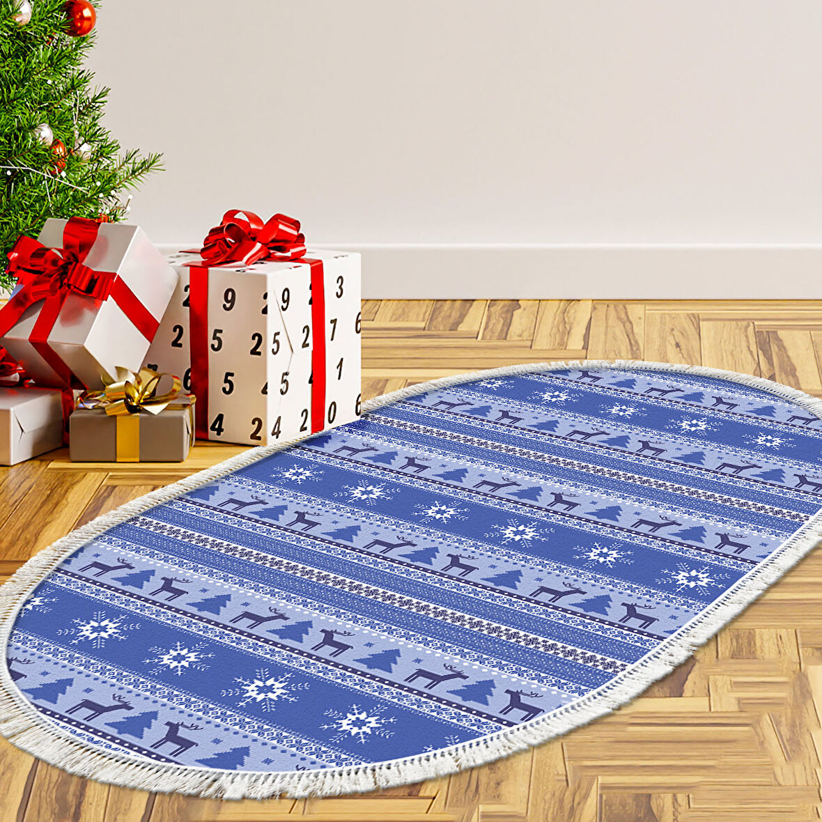 Alanur Home Yılbaşına Özel Pamuk Dijital Yıkanabilir Oval Halı Chr9M