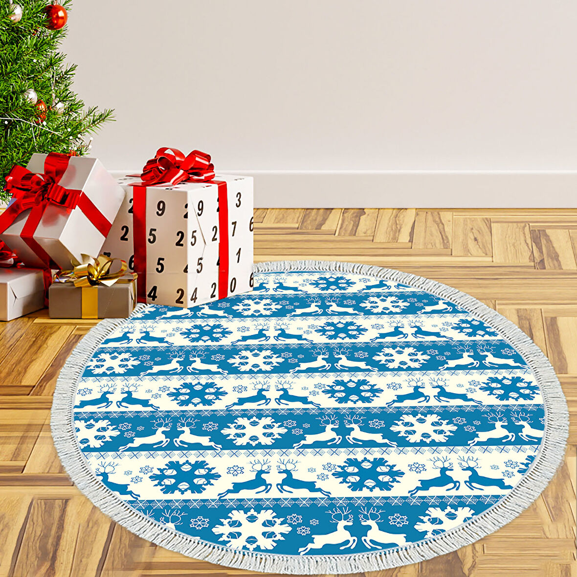 Alanur Home Yılbaşına Özel Pamuk Dijital Yıkanabilir Yuvarlak Halı Chr5M