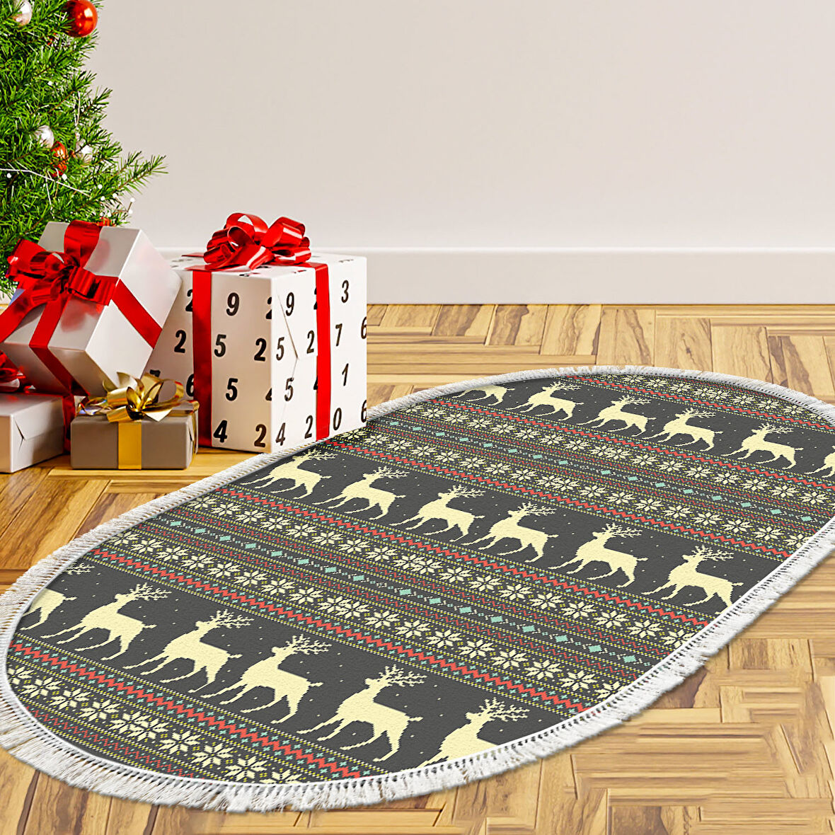 Alanur Home Yılbaşına Özel Pamuk Dijital Yıkanabilir Oval Halı Chr2M