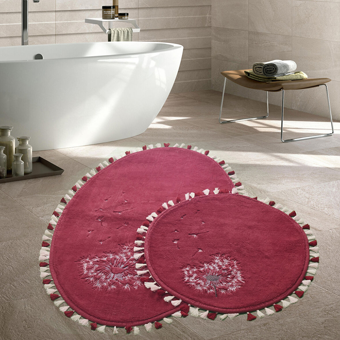 Alanur Home Karahindiba Nakışlı Oval Pamuklu 2 Li Banyo Banyo Paspası