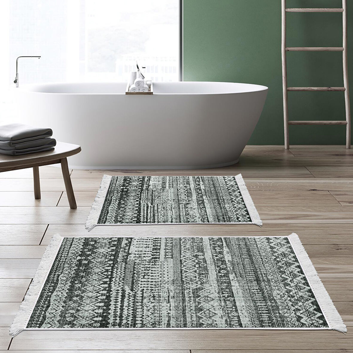Dekoreko Kaymaz Taban Djt 2 Li Banyo Paspas Takımı Yıldız Deri Saçaklı İskandinav F5080 Silver