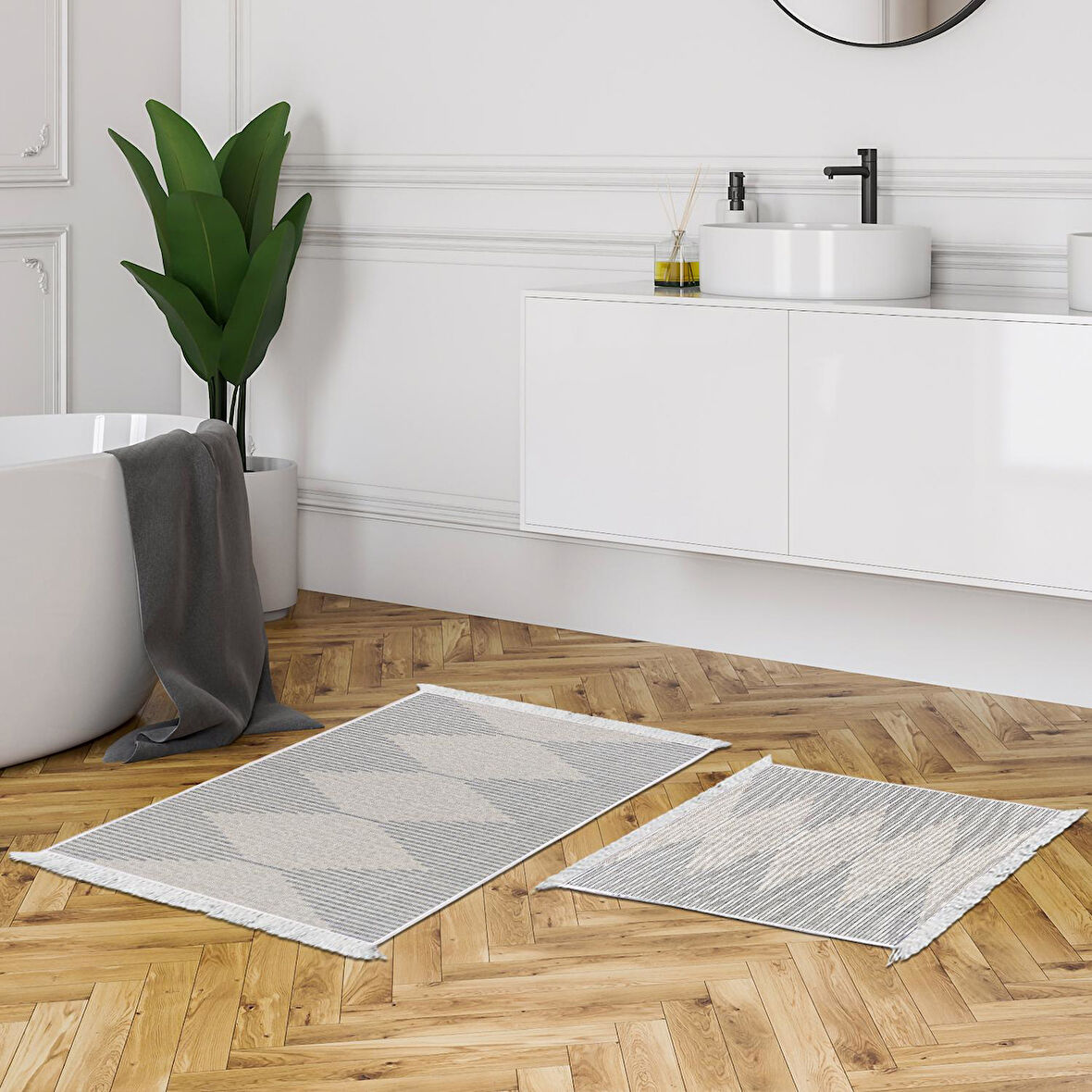 Dekoreko Kaymaz Taban Djt 2 Li Banyo Paspas Takımı Yıldız Deri Saçaklı İskandinav F5085