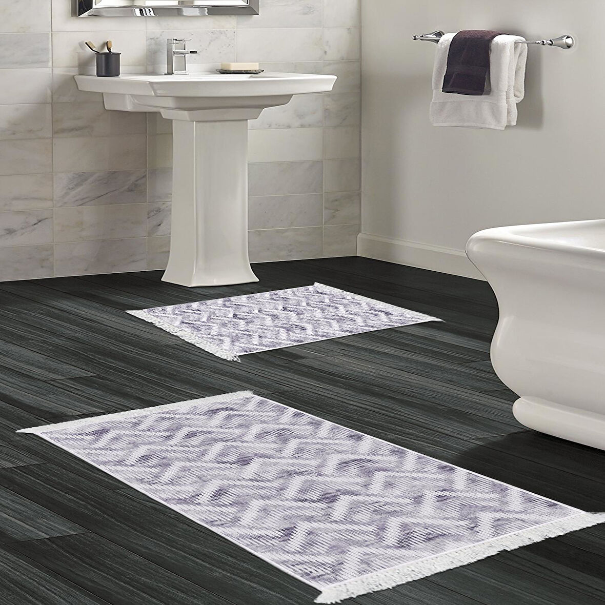 Dekoreko Kaymaz Taban Djt 2 Li Banyo Paspas Takımı Yıldız Deri Saçaklı İskandinav F5124