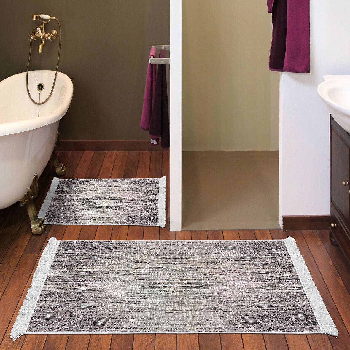 Dekoreko Kaymaz Taban Djt 2 Li Banyo Paspas Takımı Yıldız Deri Saçaklı Modern 743