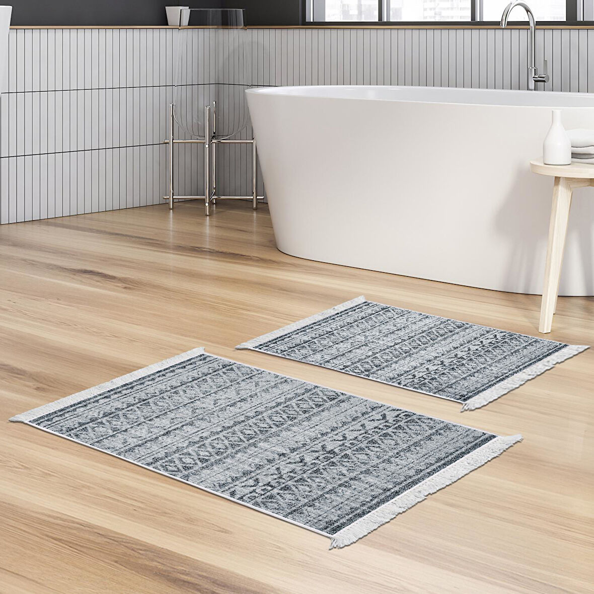 Dekoreko Kaymaz Taban Djt 2 Li Banyo Paspas Takımı Yıldız Deri Saçaklı İskandinav F5078