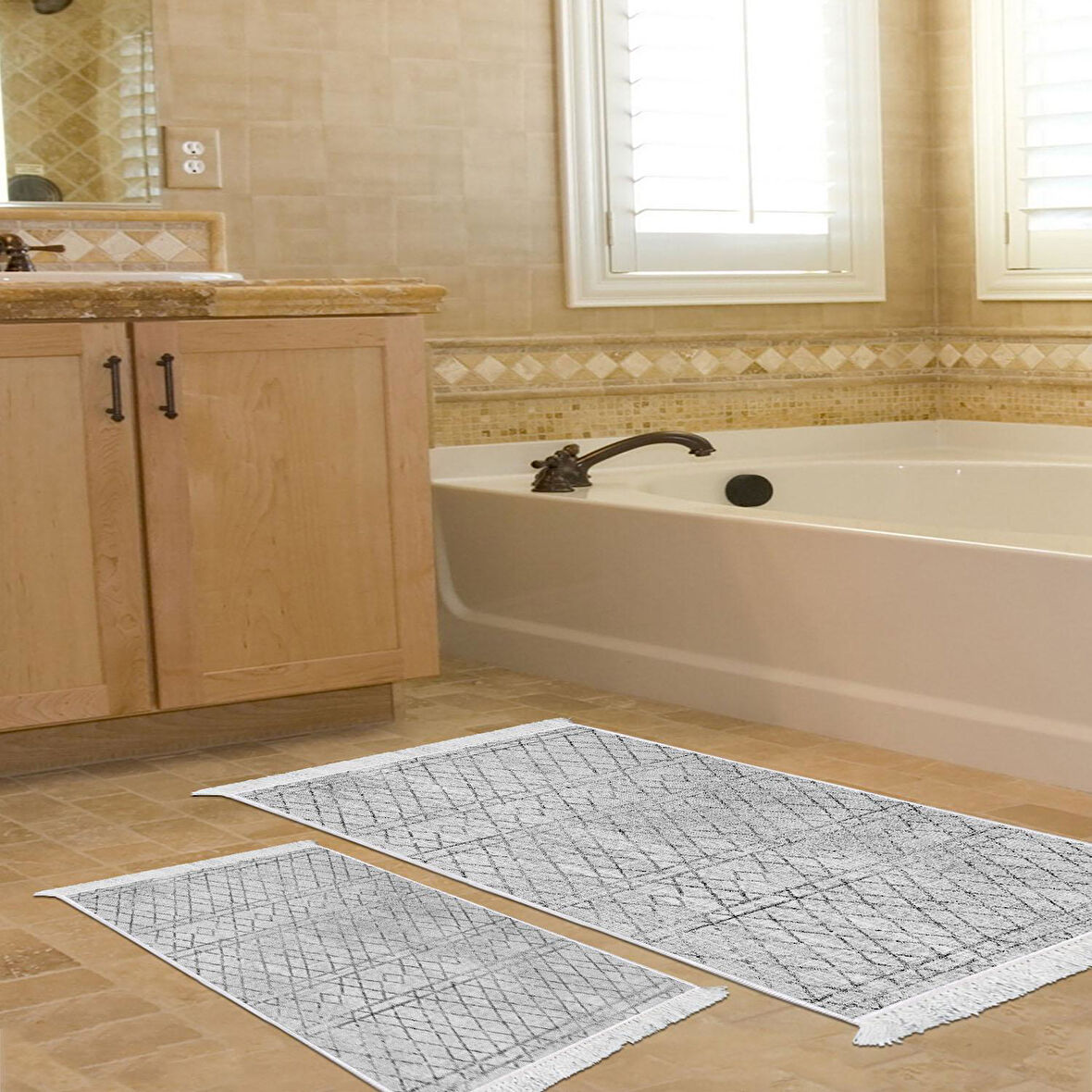 Dekoreko Kaymaz Taban Djt 2 Li Banyo Paspas Takımı Yıldız Deri Saçaklı İskandinav F5079