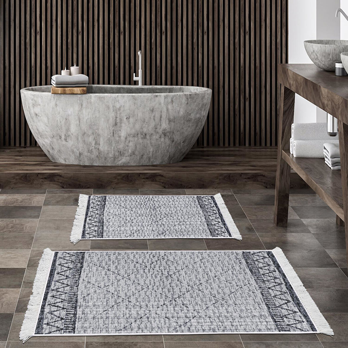 Dekoreko Kaymaz Taban Djt 2 Li Banyo Paspas Takımı Yıldız Deri Saçaklı İskandinav F5081