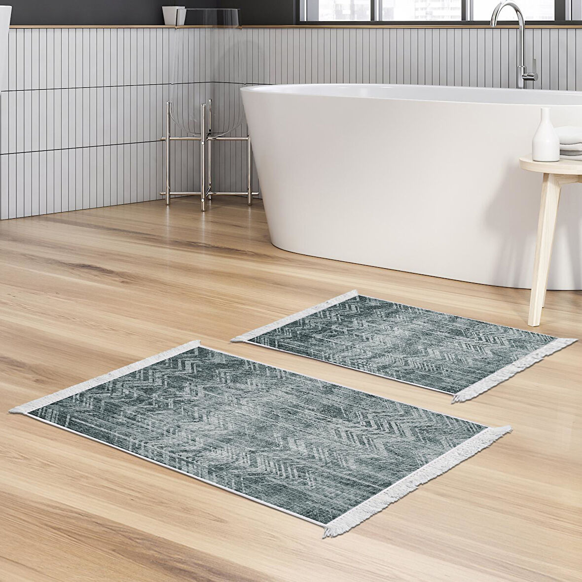 Dekoreko Kaymaz Taban Djt 2 Li Banyo Paspas Takımı Yıldız Deri Saçaklı İskandinav F5083