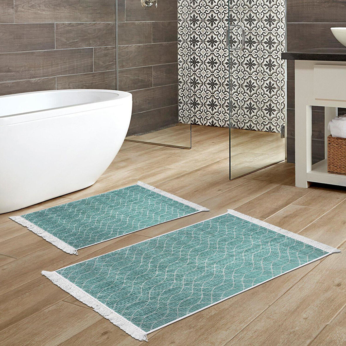 Dekoreko Kaymaz Taban Djt 2 Li Banyo Paspas Takımı Yıldız Deri Saçaklı İskandinav F5084
