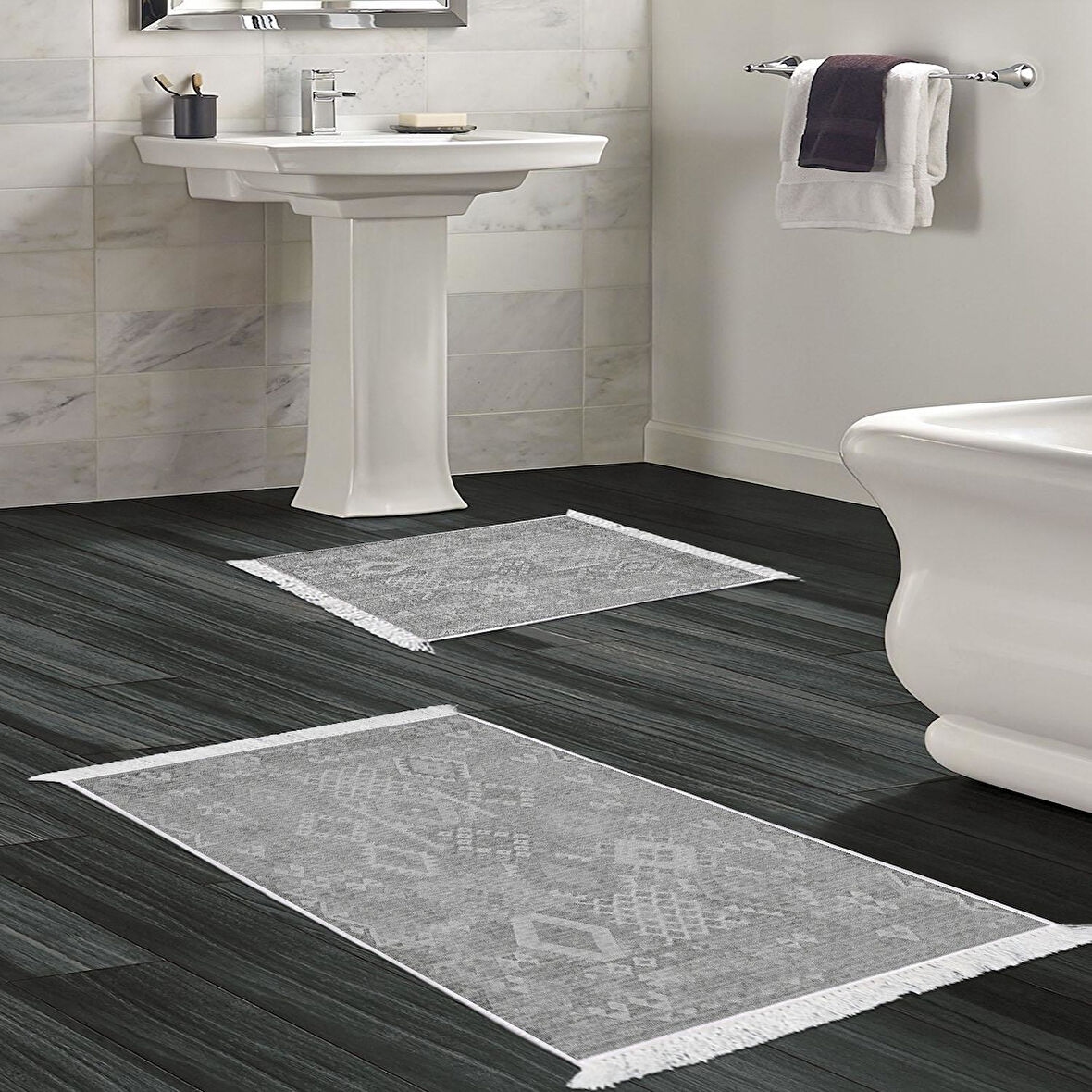 Dekoreko Kaymaz Taban Djt 2 Li Banyo Paspas Takımı Yıldız Deri Saçaklı İskandinav F5137