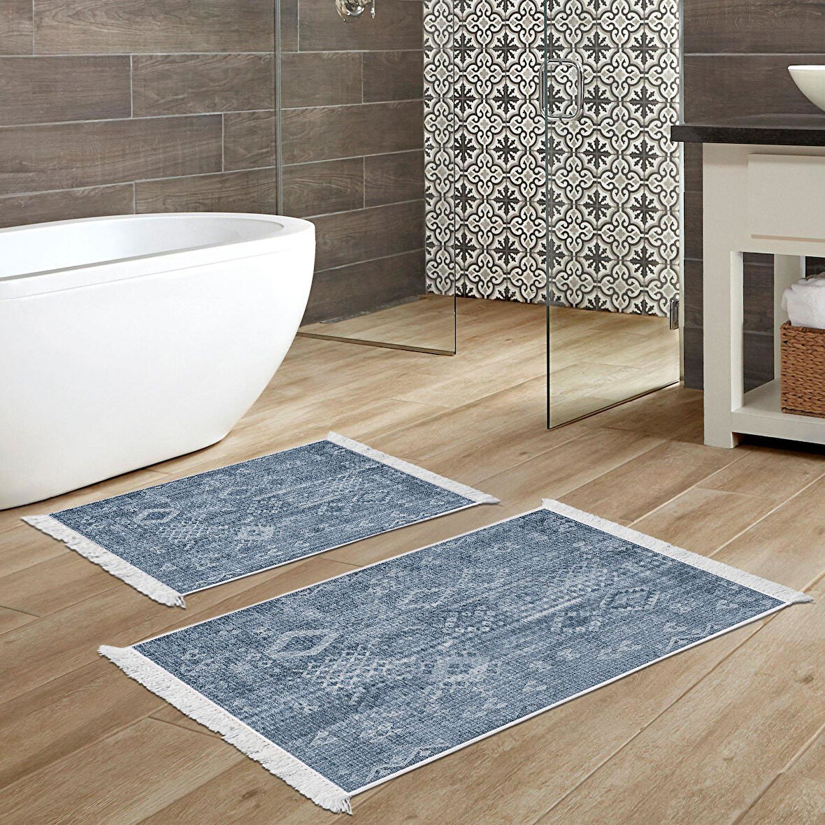 Dekoreko Kaymaz Taban Djt 2 Li Banyo Paspas Takımı Yıldız Deri Saçaklı İskandinav F5137