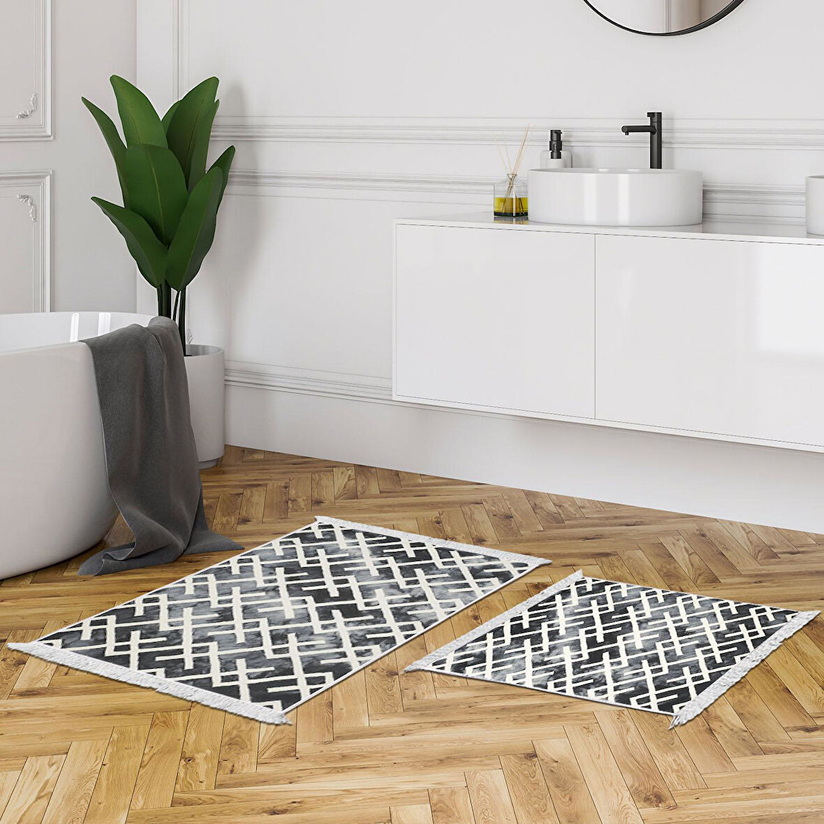 Dekoreko Kaymaz Taban Djt 2 Li Banyo Paspas Takımı Yıldız Deri Saçaklı İskandinav S5039