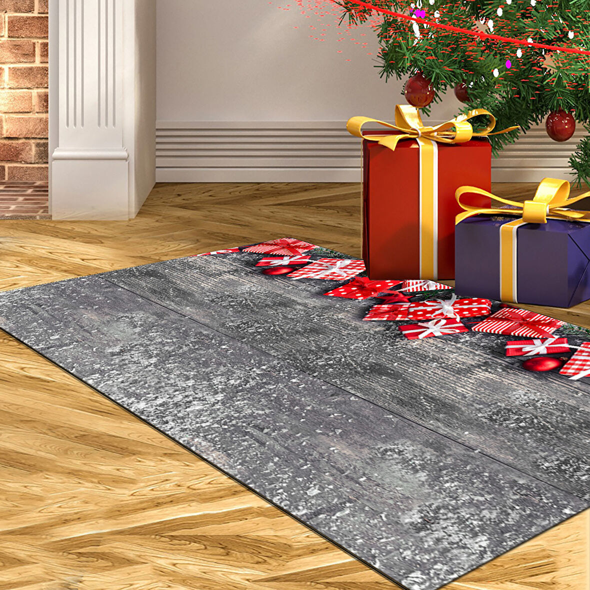Alanur Home Yılbaşına Özel Pamuk Dijital Yıkanabilir Halı Chr1M