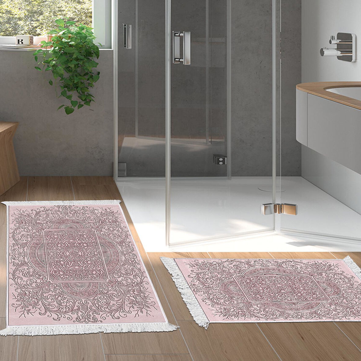 Dekoreko Kaymaz Taban Djt 2 Li Banyo Paspas Takımı Yıldız Deri Saçaklı Modern 1488