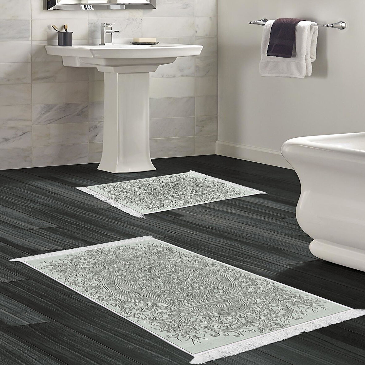 Dekoreko Kaymaz Taban Djt 2 Li Banyo Paspas Takımı Yıldız Deri Saçaklı Modern 1488